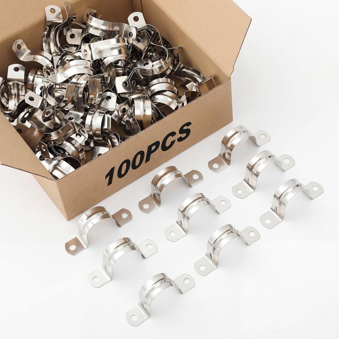Yaocom 100 Pcs 1 1/4 Inch Pipe Strap 304 Stainless Steel Conduit Clamp Reinforced Rigid 2 Hole U Bracket for Pipe Fixing on Various Surfaces