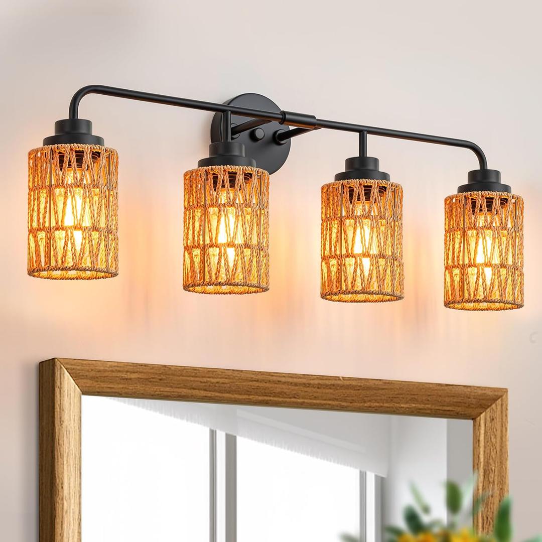 Bathroom Vanity Light, 4-Lights Boho Bathroom Light Fixtures Over Mirror with Rustic Handwoven Shades 30 inch Farmhouse Wall Sconce Lighting, 30.3 inch