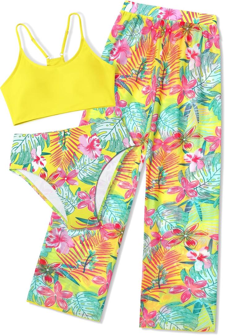 NECIOUS Girls Swimsuit, 3 Piece Bikini Bathing Suit Tropical Floral Swimwear with Cover Up Pants 7-16Y (9-10 Years, Yellow)