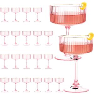 Plastic Martini Glasses 10oz, Detachable Ribbed Coupe Glasses with Gold Rim, Disposable & Reusable, Unbreakable BPA-free Vintage Cocktail Cups, Stemware for Party Wedding (Pink, 24pcs)
