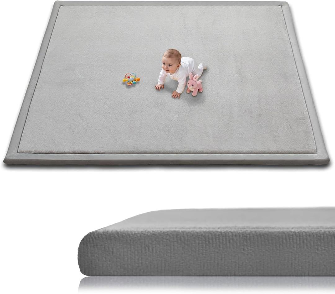 Baby Play Mat for Floor, 79'' x 71'' Thicken Foam Soft Padded Playmat for Tummy Time, Playpen Mat for Toddlers Infant Kids, Water-Repellent Coral Velvet, Non-Slip Bottom Safe for Crawling, Light Grey, 79"71"1.3"