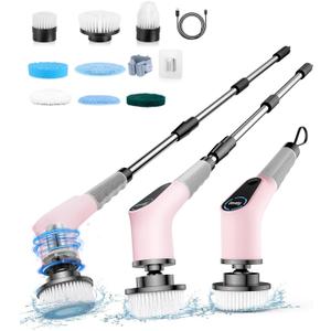 Dovety Electric Spin Scrubber, Cordless Cleaning Brush, Shower Scrubber with 8 Replaceable Brush Head, Power Cleaning Brush with Extension Handle, 2 Adjustable Speed, for Bathtub Tile Floor (Pink)
