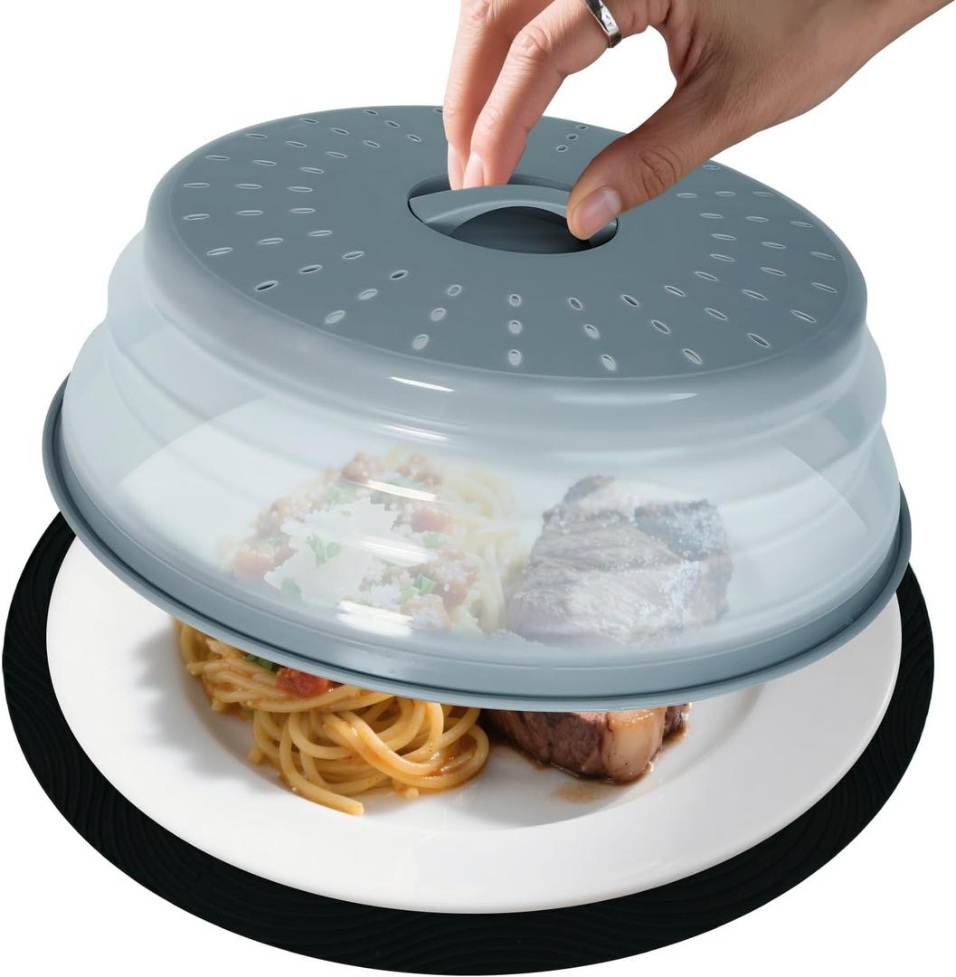 12" Large Microwave Splatter Cover & Silicone Mat, Foldable Food Cover and Raised Handle, BPA-Free Splatter Guard Lid, Multi-Purpose Heat-Resistant Mat for Pots,and Kitchen (Gray)