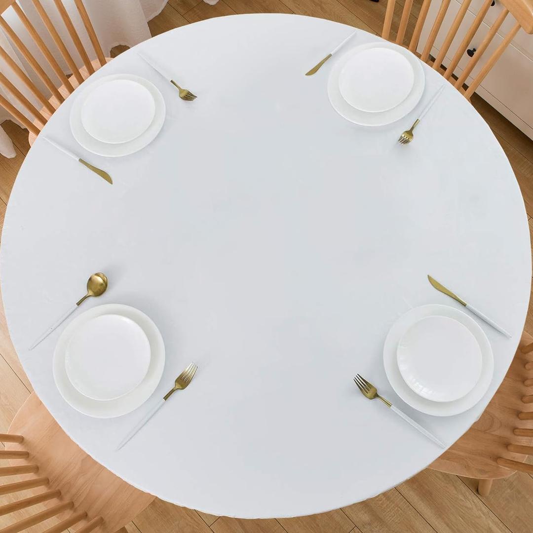 LIBERECOO Round Vinyl Fitted Tablecloth with Flannel Backing Elastic Edge Table Cover Waterproof Stain-Resistant Wipeable Tablcloths Fits 45-56" Round Tables (White)
