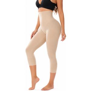 Women High Waist Capri Tummy Control Shapewear Leggings (Beige, L)