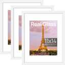 upsimples 11x14 Picture Frame Set of 3, Made of High Definition Glass for 8x10 with Mat or 11x14 Without Mat, Wall and Tabletop Display Photo Frames, White