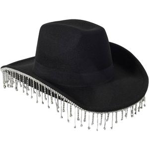 QWINEE Women's Western Rhinestone Tassel Decor Cowboy Hat Halloween Cowgirl Hat Fedoras for Men (Black), 57cm 