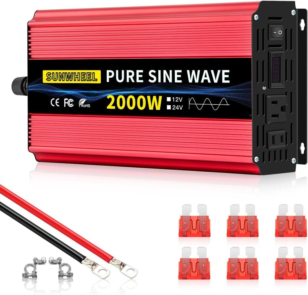 SUNWHEEL 2000W Pure Sine Wave Inverter, 12V DC to 110V/120V AC Power Inverter for RVMicrowaveOff GridTruckRefrigeratorAir Conditioner with 2 AC outlets and LCD Display