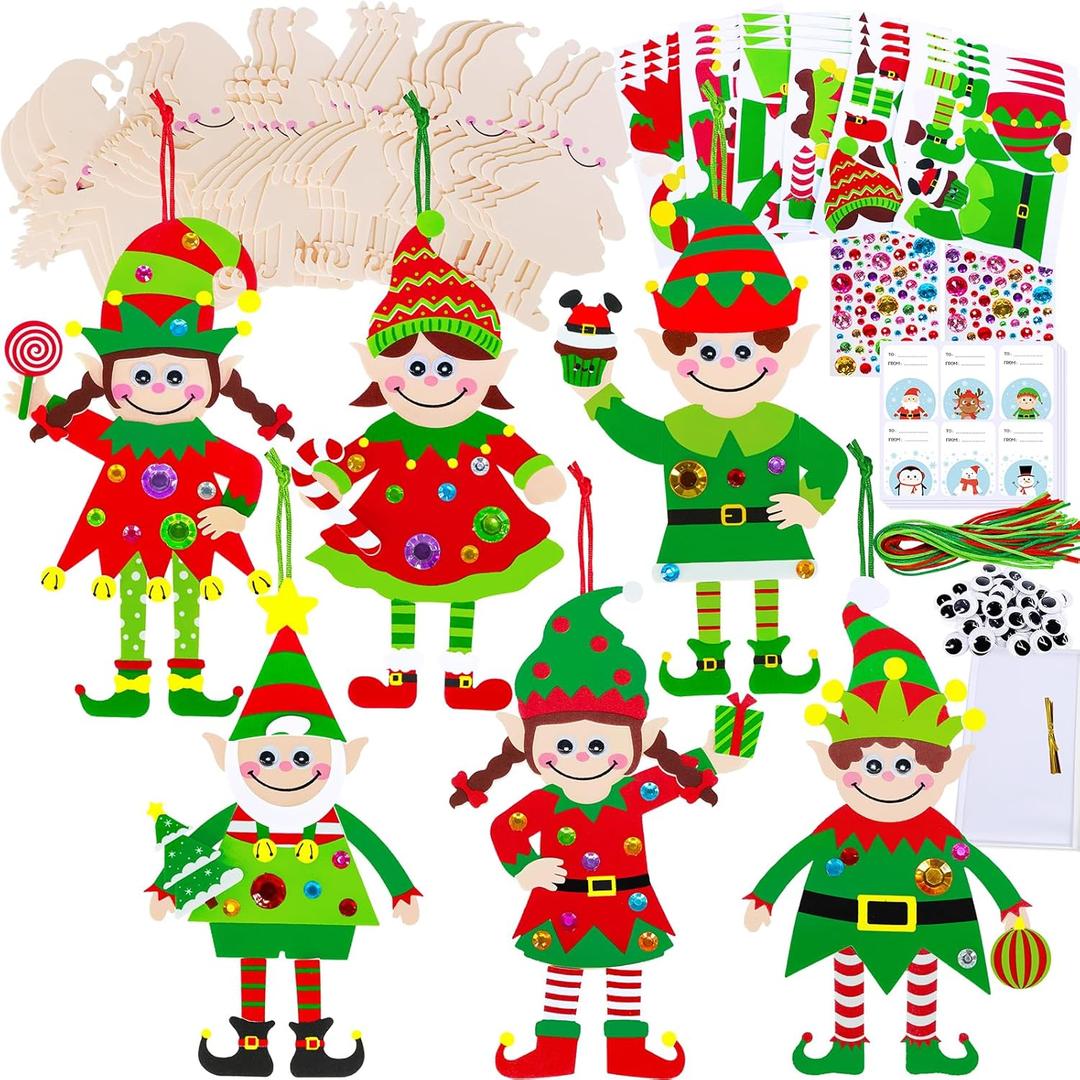 Winlyn 24 Sets Christmas Craft Kits Winter Crafts DIY Santa's Helper Elf Ornaments Decorations Arts Sets Elf Christmas Foam Stickers for Kids Holiday Festive Home Classroom Activities Party Favors