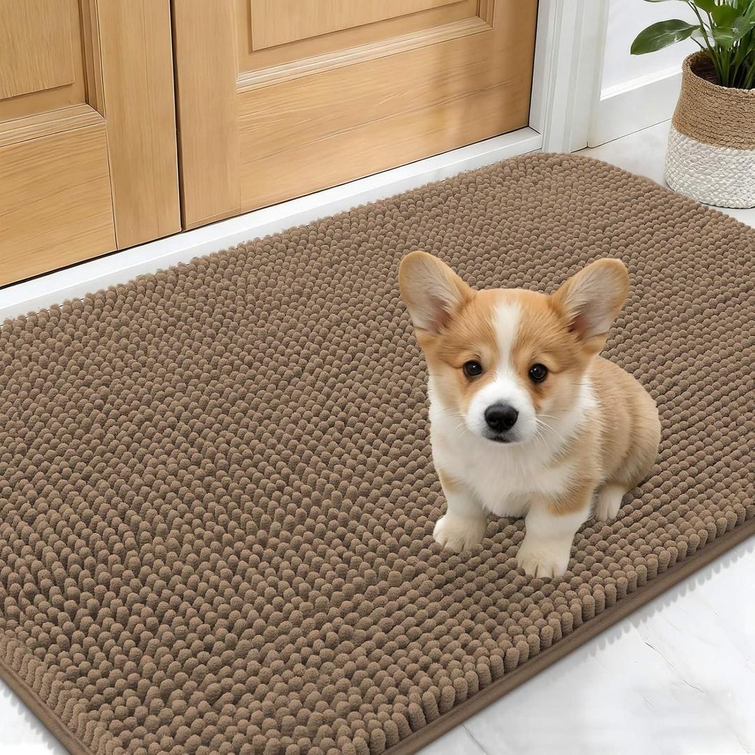 OLANLY Dog Door Mat for Muddy Paws 24x16, Absorbs Moisture and Dirt, Absorbent Non-Slip Washable Doormat, Quick Dry Chenille Mud Mat for Dogs, Entry Indoor Entryway Carpet for Inside Floor, Tan
