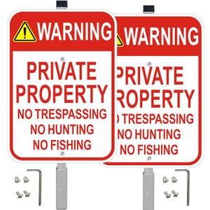 2 Pack Private Property No Trespassing Signs with 36" Metal Stakes, 10x14 Inches, Reflective Aluminum, No Hunting No Fishing Signs
