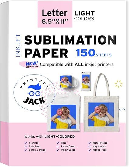 Printers Jack Sublimation Paper - 8.5 x 11 Inches, 150 Sheets 120 gsm for Any Inkjet Printer with Sublimation Ink, Heat Transfer Sublimation for T-shirt, Mugs, Light Fabric