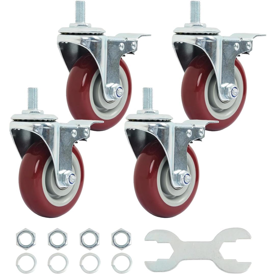 Finnhomy Swivel Caster Wheels 4 Inch Threaded Stem Casters Set of 4 Heavy Duty 1/2"-13 x 1 with Brake Polyurethane Industrial Locking Castors Wheels for Cart/Furniture 2200 Lbs Smooth Casters, Red