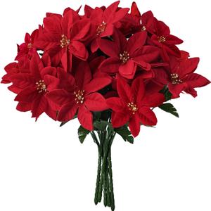 LVLFOR 7 Heads Artificial Poinsettia Bouquet, 5 Pack Artificial Poinsettia Flowers, 15Inch Red Velvet Poinsettia Bush Stems for Porch Home Garden Indoor Outdoor Xmas Decorations