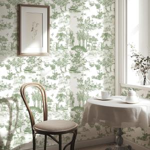 WENMER Toile Wallpaper, 17.7" X 1181" Green and White Peel and Stick Wallpaper, Toile de Jouy Wall Paper, French Vintage Contact Paper for Bedroom, Walls, Backdrop, Cabinet, Home Decor