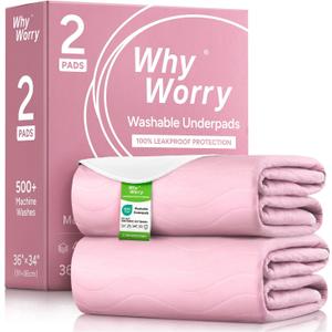 WhyWorry Washable Bed Pads for Adult Incontinence, 34" x 36" (Pack of 2) Washable Pee Pads for Bed Wetting, Heavy Absorbency Reusable Underpads for Elderly & Kids, Waterproof Mattress Protector, Pink
