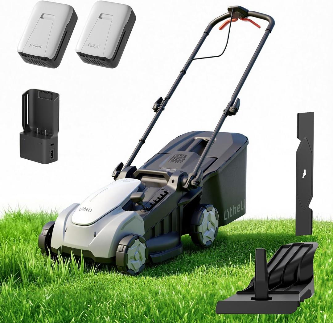 Litheli 40V 16 Inch Cordless Lawn Mower, Brushless Battery Powered Push Mower, 6 Adjustable Cutting Heights 25-75mm, 50L Collection Bag & Mulching, 2x5.0Ah Batteries and Charger Included
