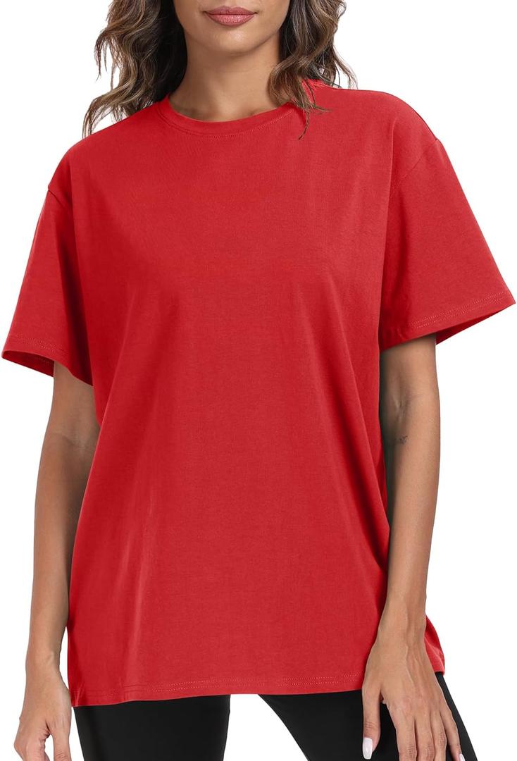 PRIMODA Womens Oversized Short Sleeve T Shirts Trendy Crew Neck Loose Workout Tee Casual Summer Tops Cotton (XX-Large, Red)