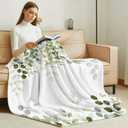 Sage Green Eucalyptus Throw Blanket, Farmhouse Leaves Fluffy Soft Blankets for Couch Bed Travel, Botanical Floral Plush Microfiber Striped Flannel Blankets, Lightweight Sofa Blankets 30"x40"