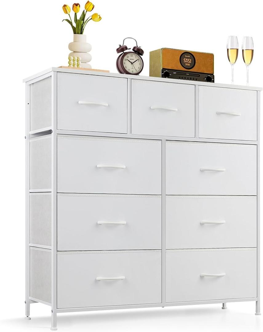 9-Drawer Dresser for Bedroom, Anti-Tip Tall Storage Organizer Chest of Drawers with Wooden Top and Metal Frame Fabric Bins for Closet, Living Room, Hallway, Entryway, White, 11.8"D x 39.4"W x 40"H
