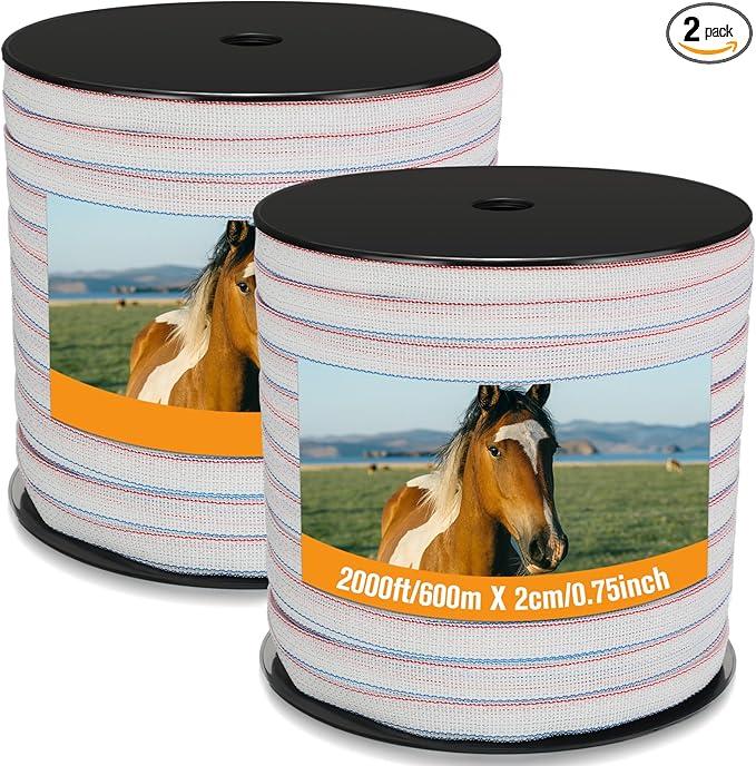 Wowangce 2 Rolls 3/4 Inch x 1640 ft Electric Fence Tape for Livestock Polytape Fencing Horse Fence with High Visibility