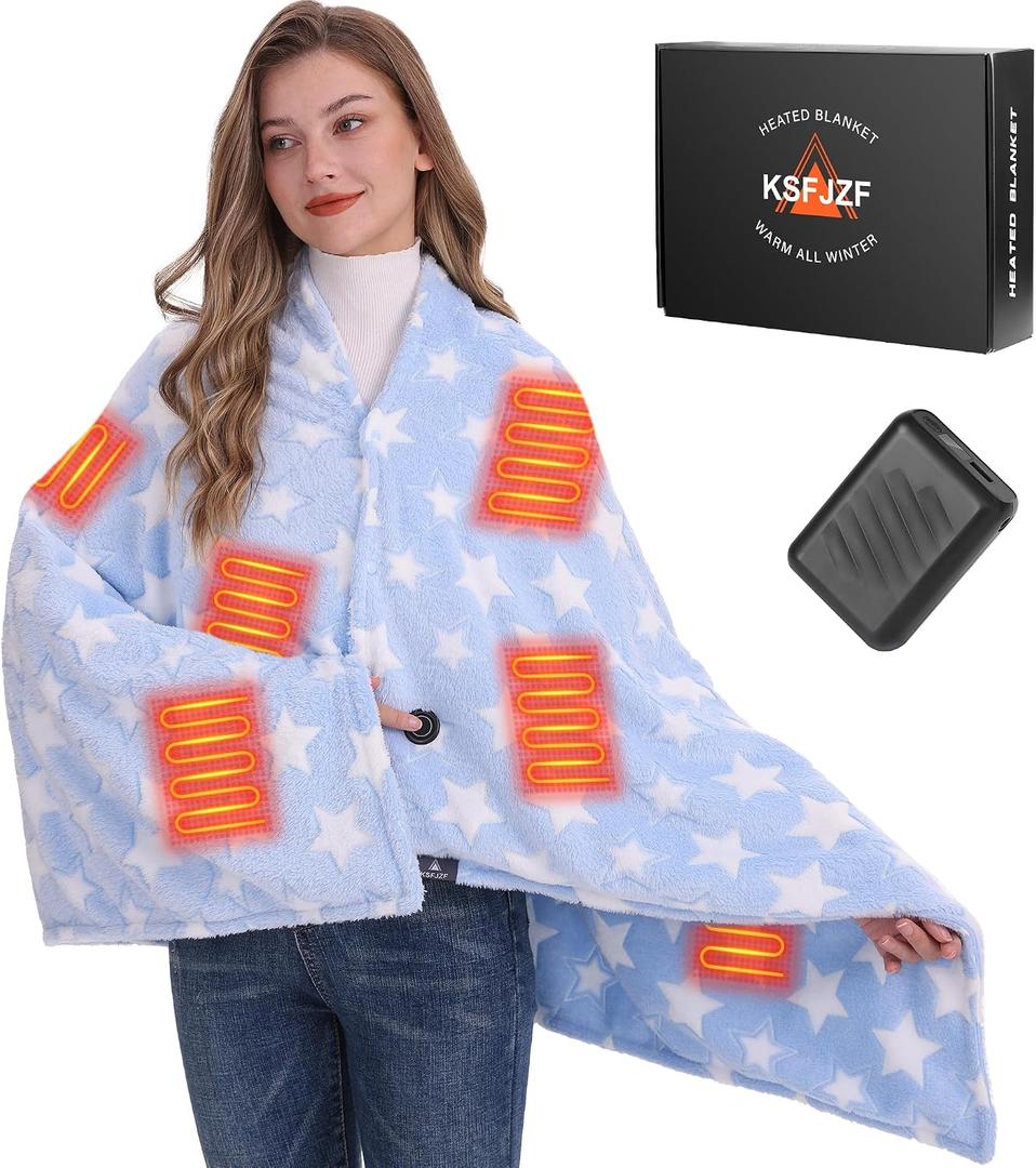 KSFJZF Heated Blanket, Cordless Portable Heated Throw Blanket, Battery Operated Heating Blanket with Rechargeable 20000mAh Power Bank, 59" x 35.5" Electric Heated Shawl, 3 Fast-Heating Levels (Blue)