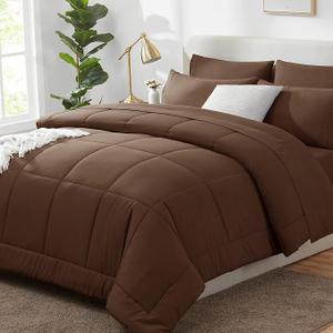 All Season Queen Size Bed Comforter - Cooling Goose Down Alternative Quilted Duvet Insert with Corner Tabs - Winter Warm - Machine Washable - Brown