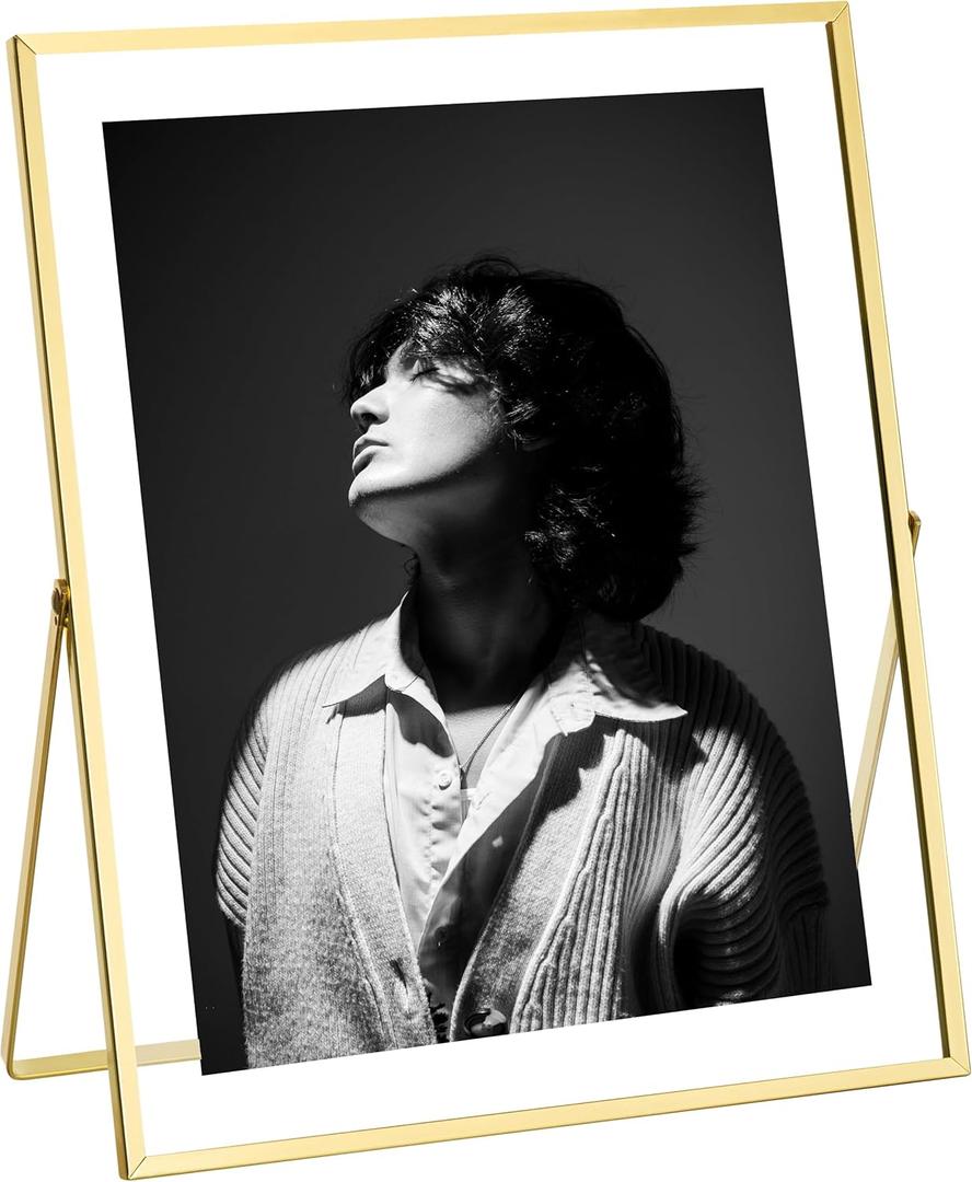 eletecpro 8x10 Metal Picture Frame with Real Glass Cover, Tabletop Display Photo for Multiple Size up to 8x10, Gold Floating Photo Frame for Wedding, Party, Home Decor, Vertical