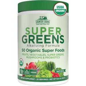 Country Farms Organic Super Greens Powder, 50 Organic Superfoods, Daily Greens Drink Mix with Fruits, Vegetables, Fiber, Probiotics & Mushrooms, Supports Energy, Gut Health & Digestion, Natural Flavor, BBD 06/2029