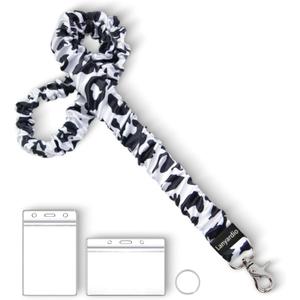 Lanyardio Stretchy Scrunchie Lanyard for ID Badges Keys, Cute Teacher Lanyard for Women with 2 Card Holders 19.22 Inch (Cow)
