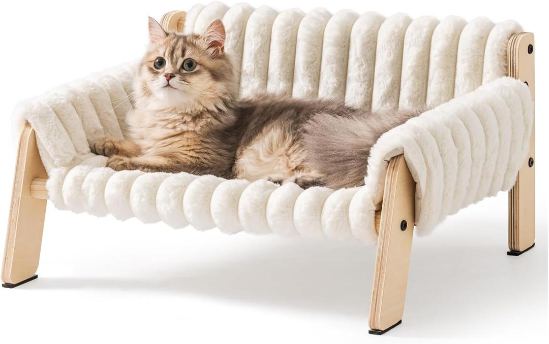 MEWOOFUN Cat Couch Bed, Pet Sofa for Indoor Cats Wooden Indoor Elevated Cat Beds with Removable Mattress Cover Suitable for Kitty, Puppy or Small Animal (Cream, Medium)