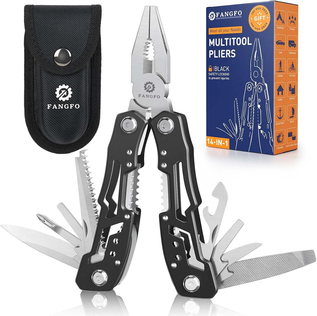14-In-1 Multitool with Safety Locking, Professional Stainless Steel Multitool Pliers Pocket Knife, Bottle Opener, Screwdriver with Nylon Sheath Apply to Survival,Camping, Hunting and Hiking 1 Pcs