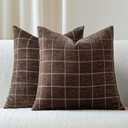 Decorative Chenille Plaid Throw Pillow Covers 16x16 Inch Set of 2 Vintage Check Couch Pillows Neutral Boho Farmhouse Cushion Covers Modern Home Decor for Sofa Bed Living Room Brown