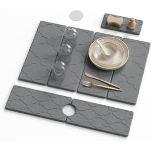 3 PCS Large Stone Dish Drying Mat for Kitchen Counter -24"x16" Absorbent Diatomaceous Earth Mat with Stone Faucet Mat & Soap Tray - Quick Dry, Collapsible, Non-Slip Countertop Organizer (24*16inch+24*5.5inch+8*4inch, Lantern carved patterns)