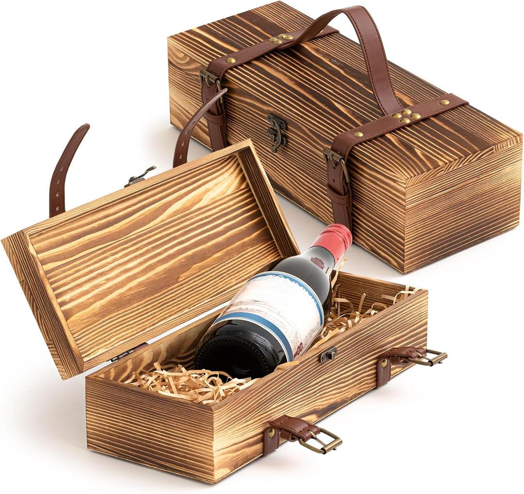 Briwooody 2 Pack Vintage Wooden Wine Gift Box - Rustic Wine Bottle Gift Case Single Bottle Holder with Leather Buckle Straps and Locking Latch for Birthday, Wedding, Anniversary, Housewarming