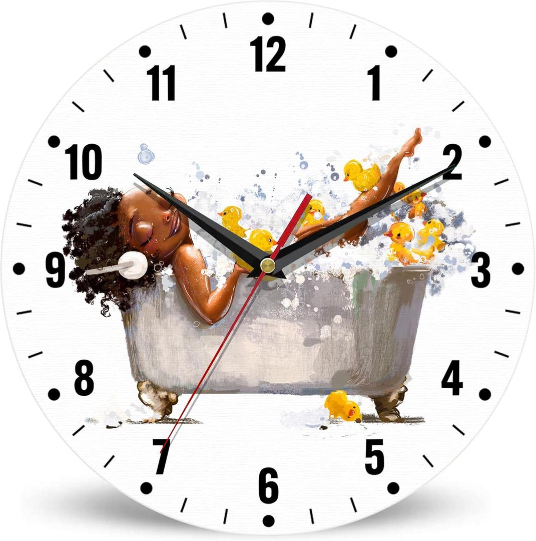 SPUNKER Wall Clocks,African Woman Bath Wall Clocks,Yellow Duck Battery Operated Wall Clock Silent NonTicking Decorative for Home Kitchen Bathroom Living Room Bedroom Office 10 Inch