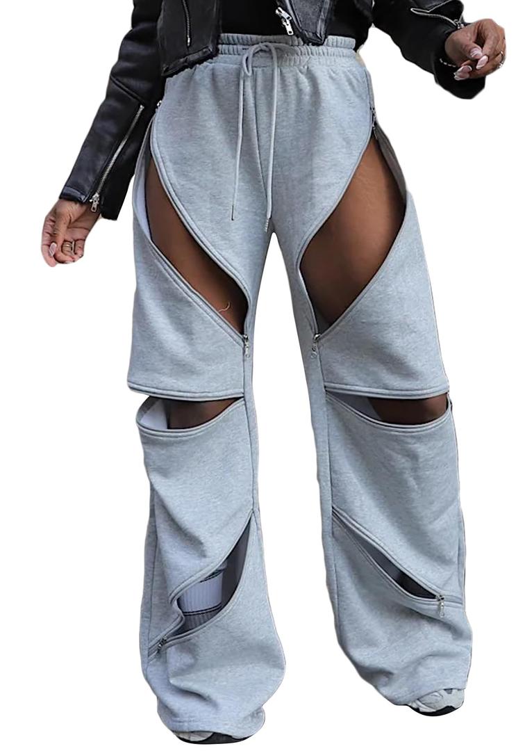 LETSVDO Women's Wide Leg Baggy Sweatpants High Waisted Patchwork Flare Pants Y2k Cut Out Multi Zipper Cargo Sweatpant L