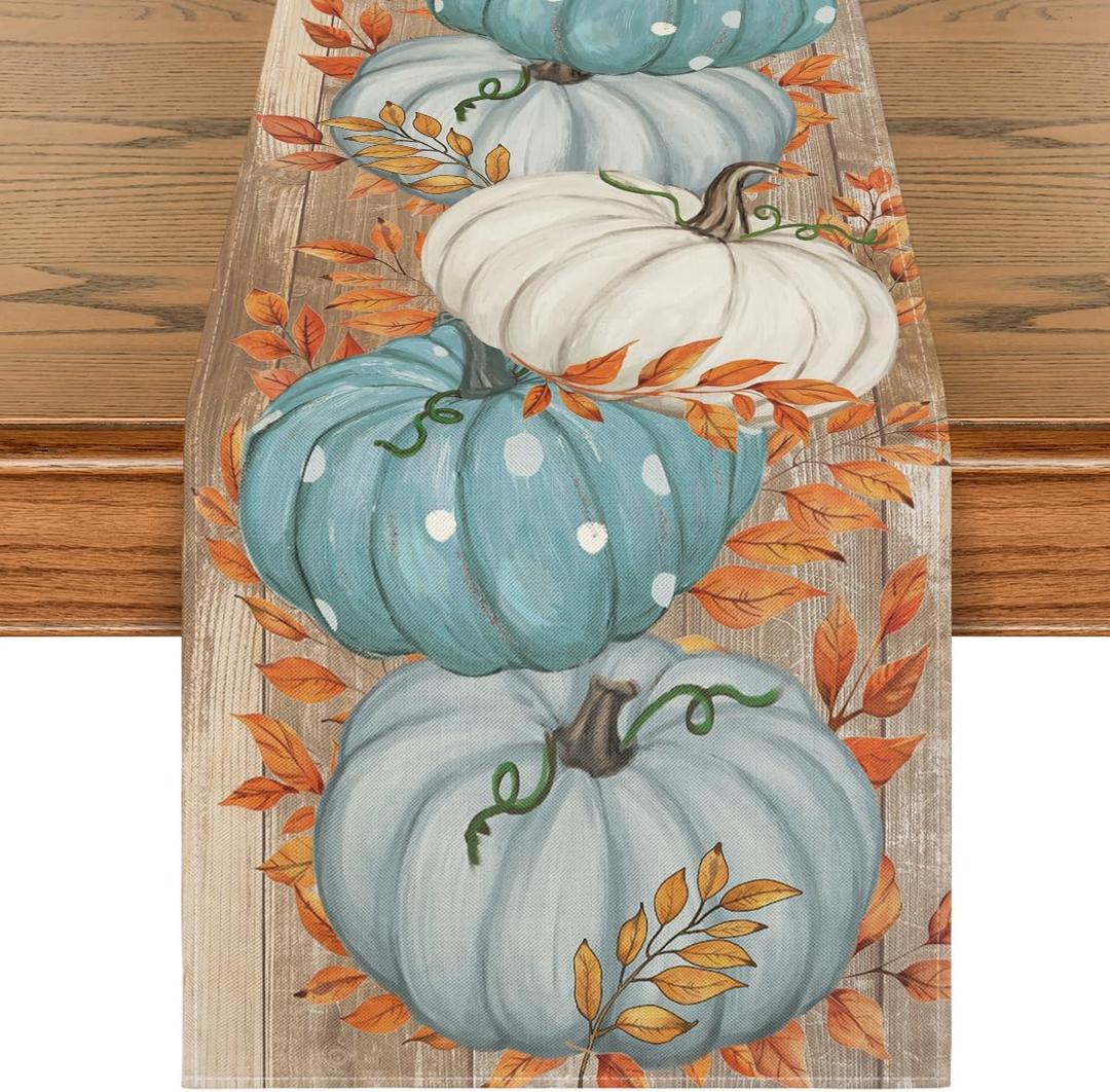 Artoid Mode Bule Polka Dot Pumpkins Eucalyptus Wood Fall Table Runner, Seasonal Autumn Kitchen Dining Table Decoration for Home Party Decor 13x72 Inch (Blue)
