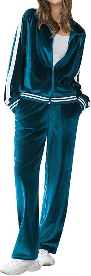 Ekouaer Women's Velvet Velor Tracksuits 2 Piece Lounge Outfits Zip Up Sweatshirt and Sweatpants with Pockets, L