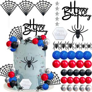 42pcs Spider Cake Topper Balls Cake Decorations with Spider Web Black Red Silver and Glitter Blue Balls for Boys Men Baby Shower Birthday Party Supplies