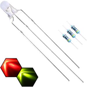 100pcs 3mm Red & Yellow-Green Lights Bi-Color LED Diodes Common Cathode Clear Round Lens +200pcs Resistors (for DC 6-12V) Included, Bright Bulb Lamps Light Emitting Diode