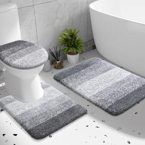 OLANLY Bathroom Rugs Sets 3 piece, Soft Microfiber Absorbent Bath Mat, U-Shaped Contour Toilet Mat and Toilet Lid Cover, Quick Dry, Machine Washable, Toilet Cover and Rug Set for Bathroom, Grey (30" x 20" + U24" x 20" + 17.5" x 15")