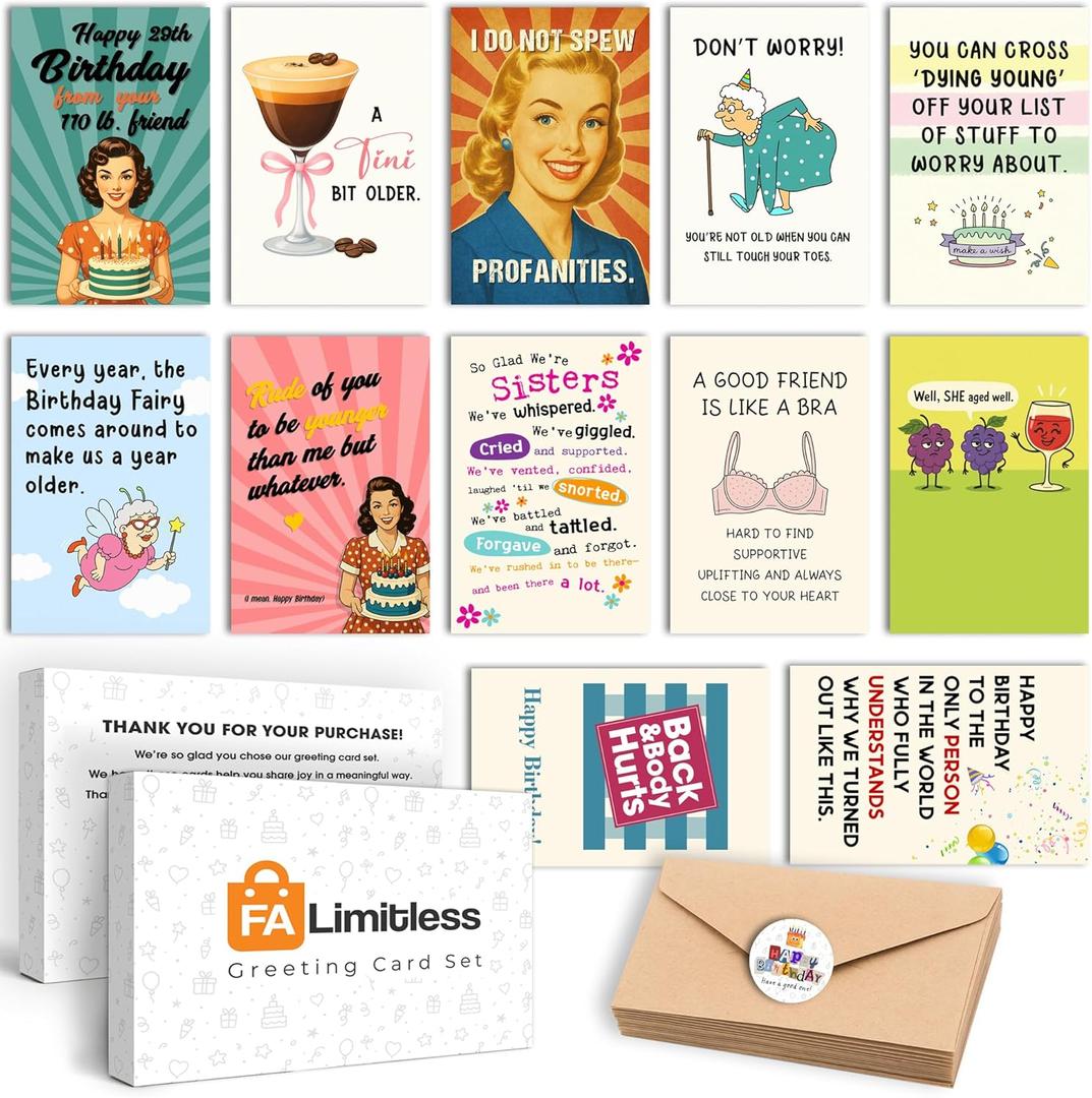 FALIMITLESS Funny Birthday cards for Women (12 Pack)  Hilarious Greeting Card Set with Envelopes & Stickers  Sarcastic, Relatable Humor for Best Friends, Sisters, Coworkers