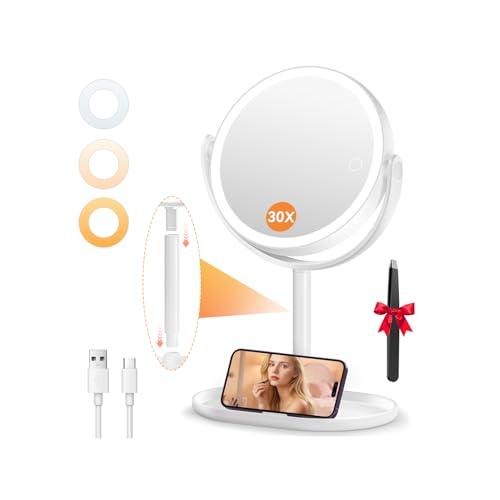 Auxmir Makeup Mirror with Lights, Double Sided 30X/1X Magnifying Mirror with Light, 3 Color Stepless Dimmable with Touch Screen, Rechargeable 360° Free Standing Vanity Mirrors for Bathroom, Bedroom