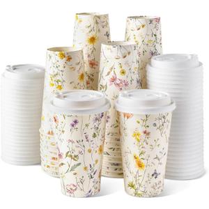 Nihuecne 50 Pack 16 oz Floral Disposable Paper Coffee Cups with Snap-on Lids, To Go Cute Flower Themed Cups for Hot & Cold Drinks, Elegant Party Supplies for Home, Office, Bar, Travel, Wedding, Party