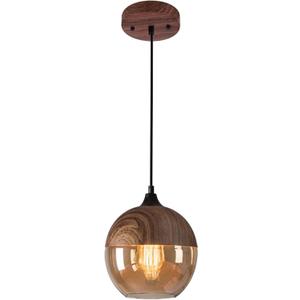 Battery operated pendant light with remote control,Wood hanging lamp fixture with rechargeable light source,Dimmable pendant light no wiring install.(With bulb+remote control+charging cable)(A)
