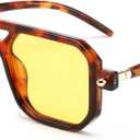 FEISEDY Vintage Square 70s Flat Aviator Sunglasses Women Men Classic Retro Stylish Frame UV400 Sunglasses B2622 (032 Leopard Frame & Yellow Lens)