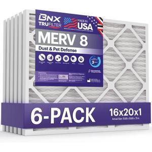 BNX TruFilter 16x20x1 Air Filter MERV 8 (6-Pack) - MADE IN USA Dust & Pet Defense Electrostatic Pleated Air Conditioner HVAC AC Furnace Filters for Dust, Pet, Mold, Pollen MPR 600 700 & FPR 5