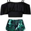 Kaei&Shi High Waisted Flounce Bikini Set,Tummy Control Swimsuits for Women,Off Shoulder Large