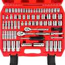 WETT 1/4" and 3/8" Drive Socket Set, 86-Piece Socket Wrench Set with Quick-Release Ratchet, Extention Bar, Adapter, 1/4" Bits, CR-V Steel, Metric/SAE, Deep/Shallow, Mirror Chrome Finish